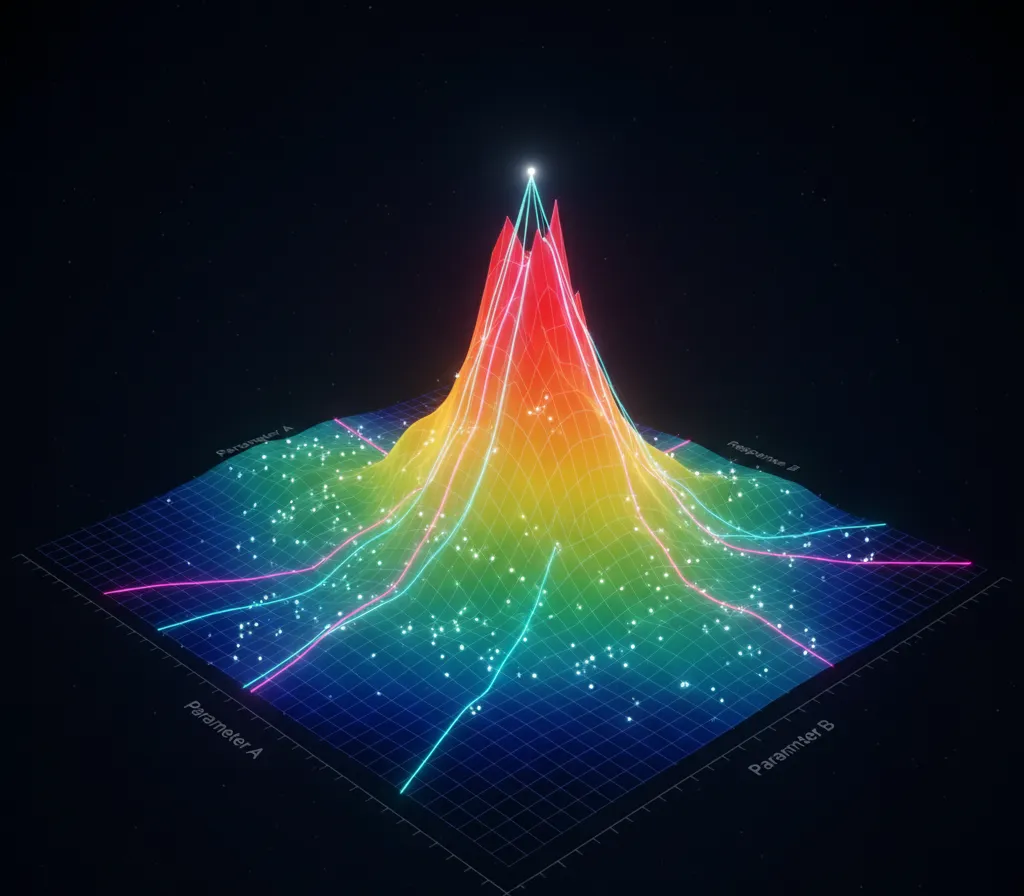 Biểu đồ bề mặt đáp ứng 3D (Response Surface Plot) mô tả mối quan hệ phi tuyến tính trong DOE